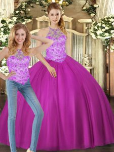 Fuchsia Lace Up Quinceanera Gown Beading Sleeveless Floor Length