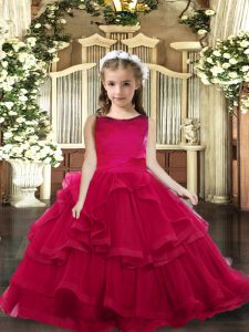 Red Lace Up Little Girl Pageant Dress Ruffled Layers Sleeveless Floor Length