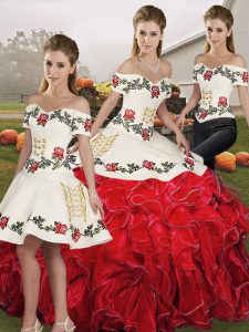 Perfect Three Pieces 15th Birthday Dress White And Red Off The Shoulder Organza Sleeveless Floor Length Lace Up