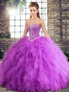 Floor Length Lace Up Military Ball Dresses For Women Lavender for Military Ball and Sweet 16 and Quinceanera with Beading and Ruffles