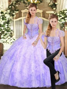 Lavender Tulle Lace Up Strapless Sleeveless Floor Length Quinceanera Gown Beading and Appliques and Ruffles
