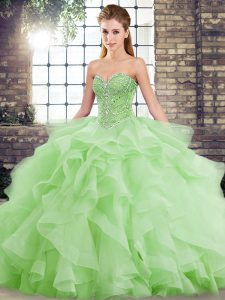 Exquisite Lace Up Quinceanera Gowns Beading and Ruffles Sleeveless Brush Train
