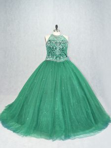 Green Sleeveless Beading Lace Up Military Ball Gown