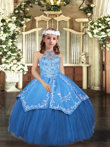 Affordable Blue Child Pageant Dress Party and Wedding Party with Embroidery Halter Top Sleeveless Lace Up