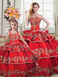Sweetheart Sleeveless 15th Birthday Dress Floor Length Embroidery and Ruffled Layers Red Satin and Organza