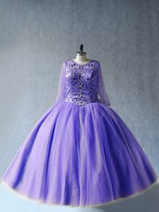 Lavender Long Sleeves Tulle Lace Up Quinceanera Gowns for Sweet 16 and Quinceanera