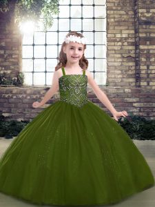 Custom Made Olive Green Ball Gowns Straps Sleeveless Tulle Floor Length Lace Up Beading Evening Gowns