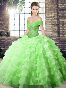 Off The Shoulder Sleeveless Organza Military Ball Dresses Beading and Ruffled Layers Brush Train Lace Up