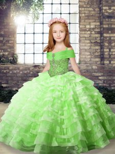 Straps Sleeveless Organza Winning Pageant Gowns Beading and Ruffled Layers Lace Up