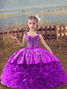 Lilac Ball Gowns Fabric With Rolling Flowers Straps Sleeveless Embroidery Lace Up Pageant Dresses Sweep Train