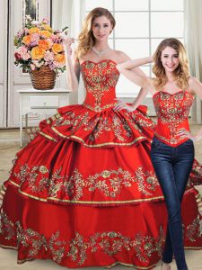 Designer Red Satin and Organza Lace Up Quinceanera Gowns Sleeveless Floor Length Embroidery and Ruffled Layers