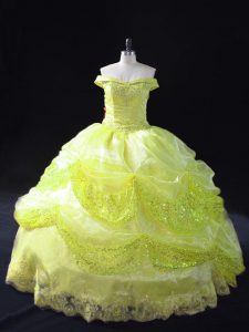 Elegant Off The Shoulder Sleeveless Organza Sweet 16 Quinceanera Dress Lace and Sequins Lace Up