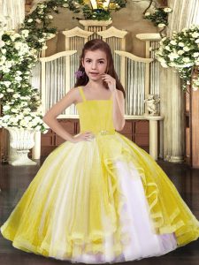 Superior Sleeveless Tulle Floor Length Lace Up Little Girl Pageant Gowns in Yellow with Beading