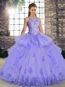 Customized Lavender Tulle Lace Up Scoop Sleeveless Floor Length Quince Ball Gowns Lace and Embroidery and Ruffles