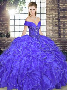 Lavender Off The Shoulder Neckline Beading and Ruffles Ball Gown Prom Dress Sleeveless Lace Up