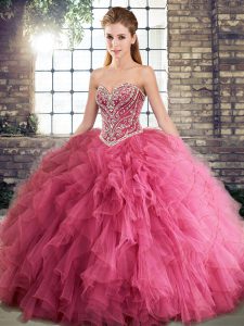 Watermelon Red Lace Up Sweet 16 Dress Beading and Ruffles Sleeveless Floor Length