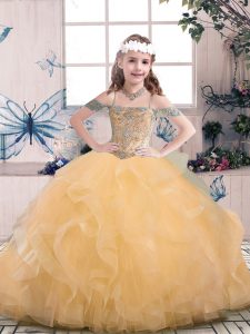 Peach Sleeveless Floor Length Beading Lace Up Little Girls Pageant Dress