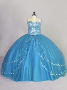 Glamorous Blue Sleeveless Brush Train Beading Quinceanera Dress