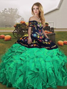 Green Ball Gowns Embroidery and Ruffles Quinceanera Gown Lace Up Organza Sleeveless Floor Length
