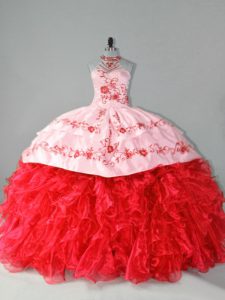 Embroidery and Ruffles 15 Quinceanera Dress Red Lace Up Sleeveless Court Train