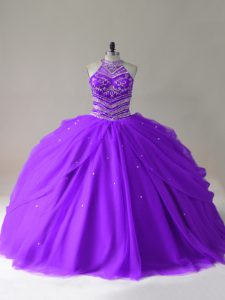 Purple Lace Up 15 Quinceanera Dress Beading Sleeveless Floor Length