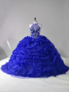 Long Sleeves Beading and Pick Ups Lace Up Sweet 16 Quinceanera Dress with Royal Blue Court Train