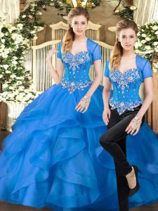 Beautiful Blue Quince Ball Gowns Military Ball and Sweet 16 and Quinceanera with Beading and Ruffles Sweetheart Sleeveless Lace Up