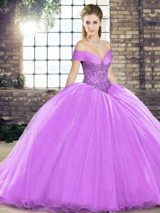 Decent Lavender Lace Up Off The Shoulder Beading Sweet 16 Quinceanera Dress Organza Sleeveless Brush Train