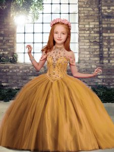 Great Brown High-neck Lace Up Beading Child Pageant Dress Sleeveless
