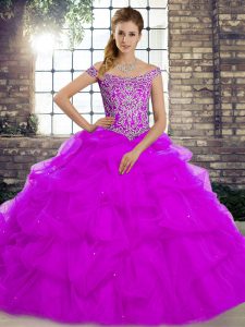 Brush Train Ball Gowns Quinceanera Dresses Purple Off The Shoulder Tulle Sleeveless Lace Up