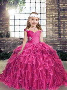 Gorgeous Fuchsia Straps Lace Up Beading and Ruffles Little Girls Pageant Dress Wholesale Sleeveless