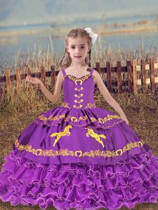 New Style Eggplant Purple Straps Neckline Beading and Embroidery and Ruffled Layers Girls Pageant Dresses Sleeveless Lace Up