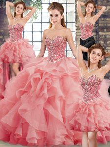 Watermelon Red Ball Gowns Tulle Sweetheart Sleeveless Beading and Ruffles Lace Up Quince Ball Gowns Brush Train