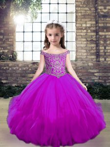 Fuchsia Off The Shoulder Neckline Beading Pageant Gowns For Girls Sleeveless Lace Up