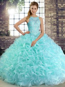 Spectacular Scoop Sleeveless Fabric With Rolling Flowers Quince Ball Gowns Beading Lace Up