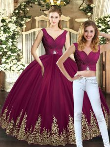 Floor Length Burgundy Quinceanera Gowns Tulle Sleeveless Beading and Appliques