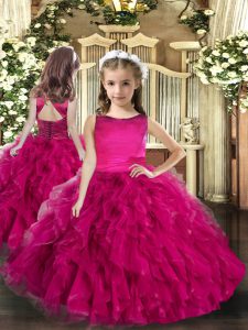 Fuchsia Lace Up Pageant Gowns For Girls Ruffles Sleeveless Floor Length