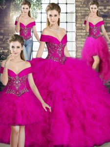 Dynamic Fuchsia Ball Gowns Beading and Ruffles 15th Birthday Dress Lace Up Tulle Sleeveless Floor Length