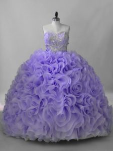 Lavender Fabric With Rolling Flowers Lace Up Quinceanera Dresses Sleeveless Brush Train Beading