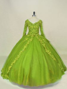 Most Popular Olive Green Side Zipper V-neck Lace and Appliques 15 Quinceanera Dress Tulle Long Sleeves