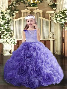 Scoop Sleeveless Kids Formal Wear Floor Length Beading Lavender Fabric With Rolling Flowers