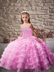 Cheap Lilac Straps Lace Up Beading and Ruffled Layers Girls Pageant Dresses Brush Train Sleeveless
