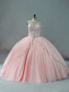 Sleeveless Tulle Lace Up Sweet 16 Dress in Peach with Beading