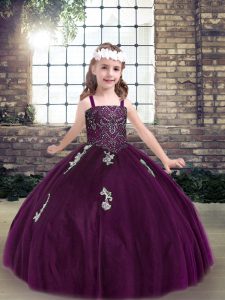 Sleeveless Tulle Floor Length Lace Up Pageant Dress Toddler in Eggplant Purple with Appliques