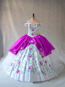 Off The Shoulder Sleeveless Lace Up 15 Quinceanera Dress White And Purple Organza