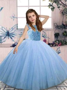Low Price Blue Tulle Lace Up Little Girls Pageant Dress Wholesale Sleeveless Floor Length Beading