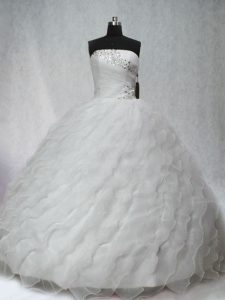 Clearance Beading and Ruching Sweet 16 Quinceanera Dress White Lace Up Sleeveless Brush Train