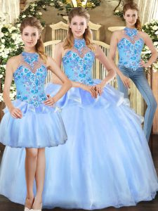 Blue Lace Up Sweet 16 Dress Embroidery Sleeveless Floor Length