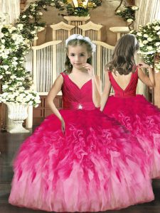 Simple Tulle V-neck Sleeveless Backless Beading and Ruffles Little Girl Pageant Dress in Hot Pink