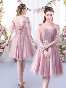 Admirable Appliques and Belt Damas Dress Pink Lace Up Sleeveless Knee Length